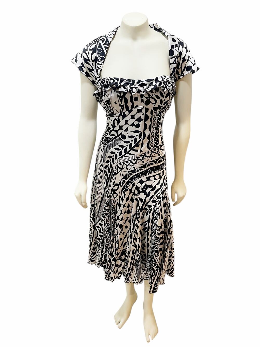 Nina Austin Silk Beaded Abstract Black and White Dress Large